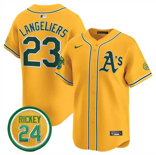 Mens Oakland Athletics #23 Shea Langeliers Yellow 2024 Limited With Rickey Henderson Patch Stitched Jersey Dzhi->oakland athletics->MLB Jersey